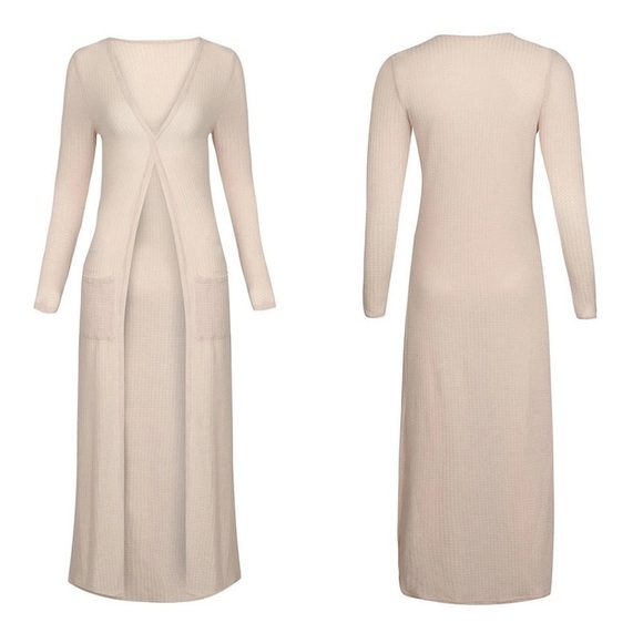 Waffle Thermal Knit Duster Cardigan in Oatmeal - Picture 3 of 4